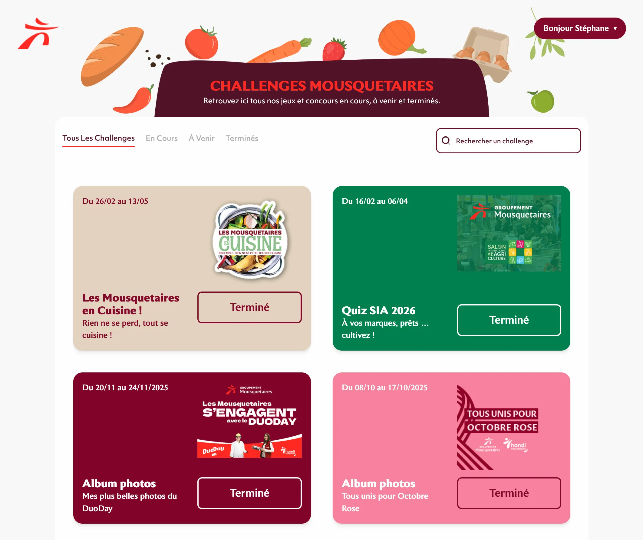 L'accueil de Challenges Mousquetaires : les challenges en cours, à venir et terminés, chacun avec ses dates et son visuel